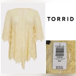 🆕TORRID - 00/0X M/L - NWT - YELLOW LACE KIMONO CARDIGAN / KAFTAN / COVER UP